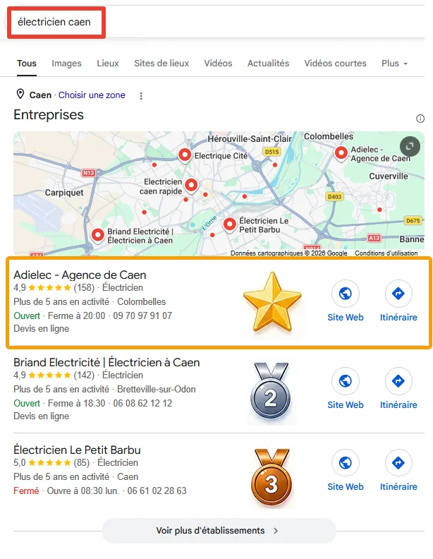 Exemple de recherche "électricien Caen" sur Google Maps mobile, avec les 3 premiers résultats mis en évidence